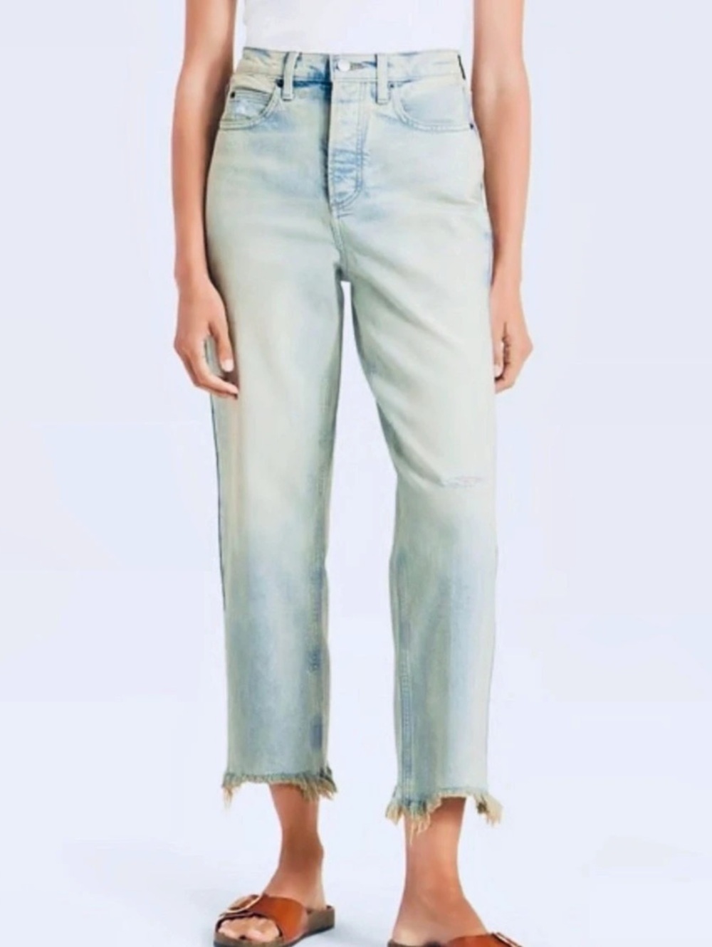 Universal Thread High Rise Straight Leg Cropped Jeans Light Wash Button Fly Raw